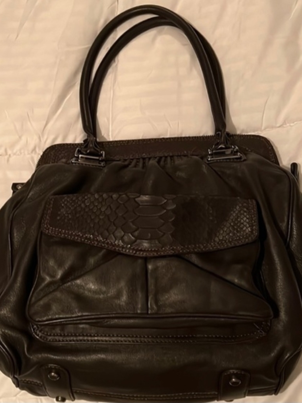 Donald J. Pliner Dark Brown Leather Shoulder Bag with Textured Flap